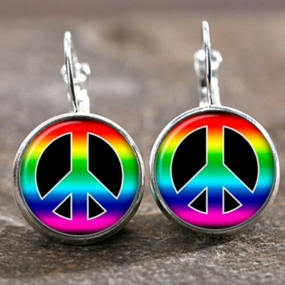 New LGBTQ+ Pride Silver Festival Rainbow 60s Peace Hippie Cabochon Drop Earrings